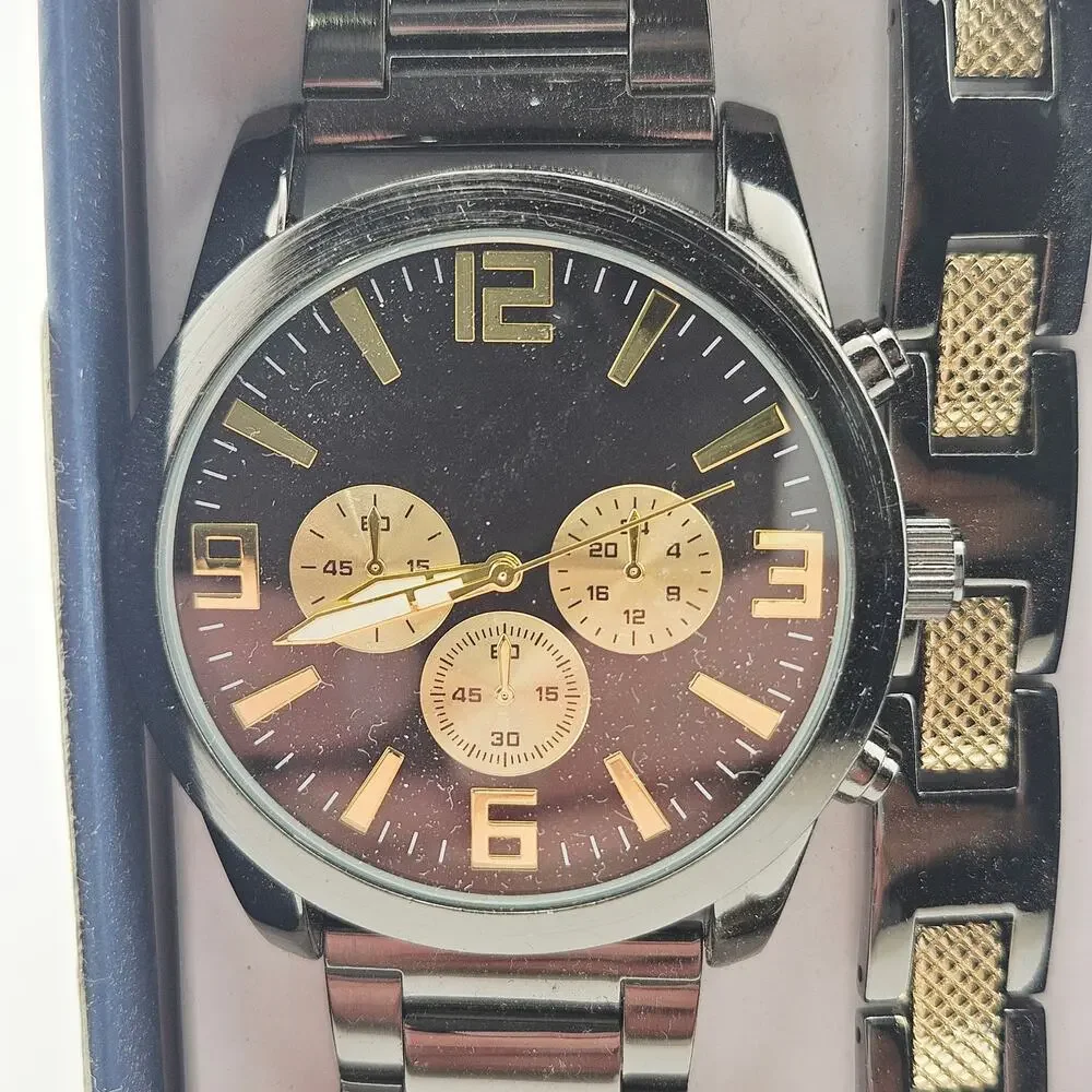 George Analog Multidial Watch & Bracelet Set Two Tone Black Gold Link NEW